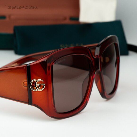Gucci Women Sunglasses Transparent Burgundy Brown Square GG1402S 003 BRAND NEW